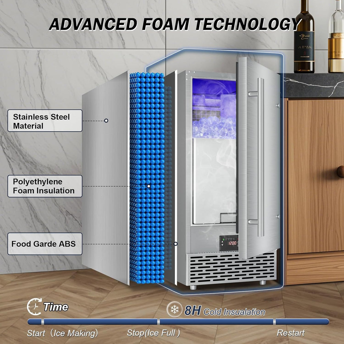 Commercial Under Counter Ice Maker Machine - 120 LBS/Day, Built in Installation, Auto-Clean,Reversible Door, Built 25LBS Ice Storage, Stainless Steel Ice Machine for Home & Business Outdoor Use