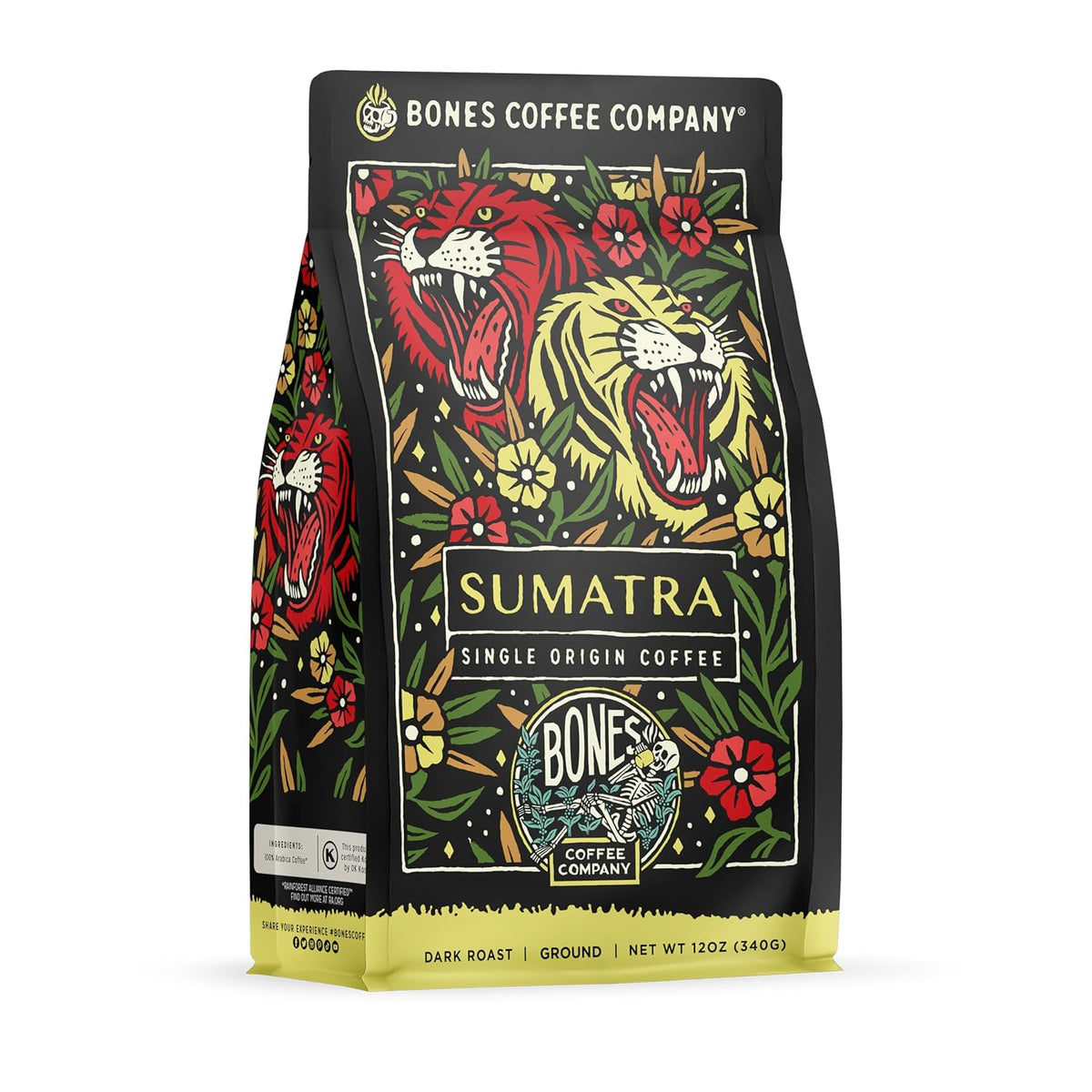 Bones Coffee Company Sumatra Single-Origin, Dark Chocolate, Smoky, Earthy Notes, Ground Coffee Beans, Low Acid Dark Roast Arabica Beans Flavored Coffee, 12 oz Ground