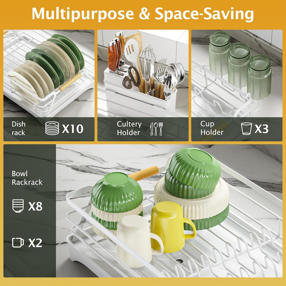 Epicano Dish Drying Rack for Kitchen Counter,Space-Saving Dish Rack,Rustproof Dish Drainer with Utensil Holder and Knife Slots for Sink,Kitchen Drying Rack with Wooden Handle and Cup Holder,White