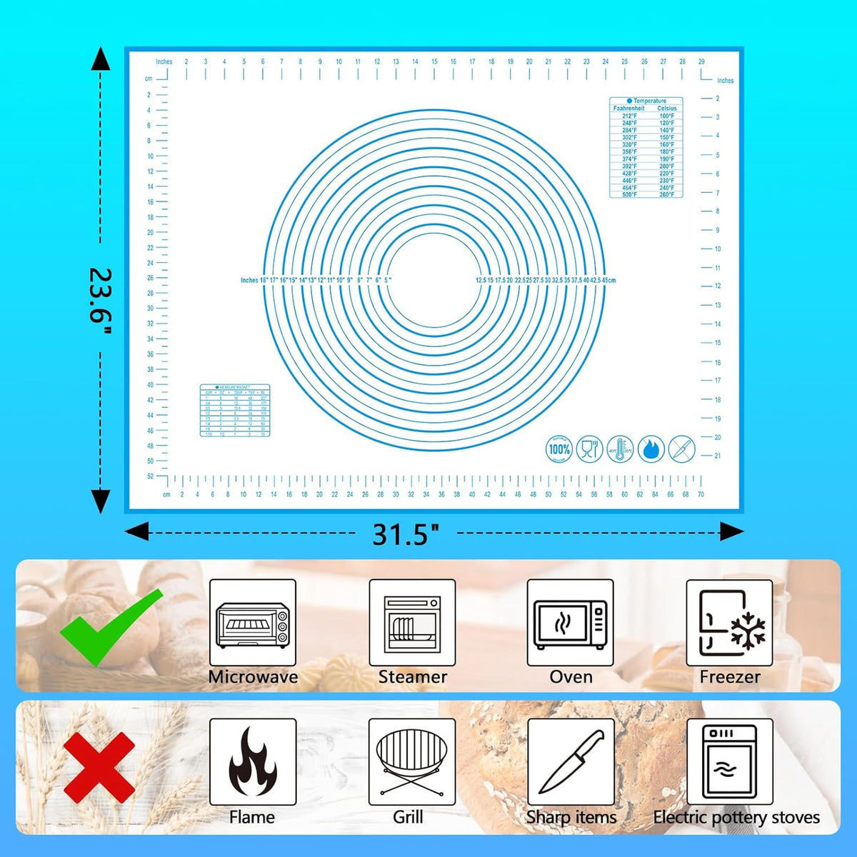 UBeesize Oversize Silicone Baking Mat, 23.6x31.5 Inch Non Stick Pastry Mat with Measurements, XXL Large Nonslip Counter Mat, Fondant/Pie Crust Mat for Making Cookies Macarons Bread Baking Supplies