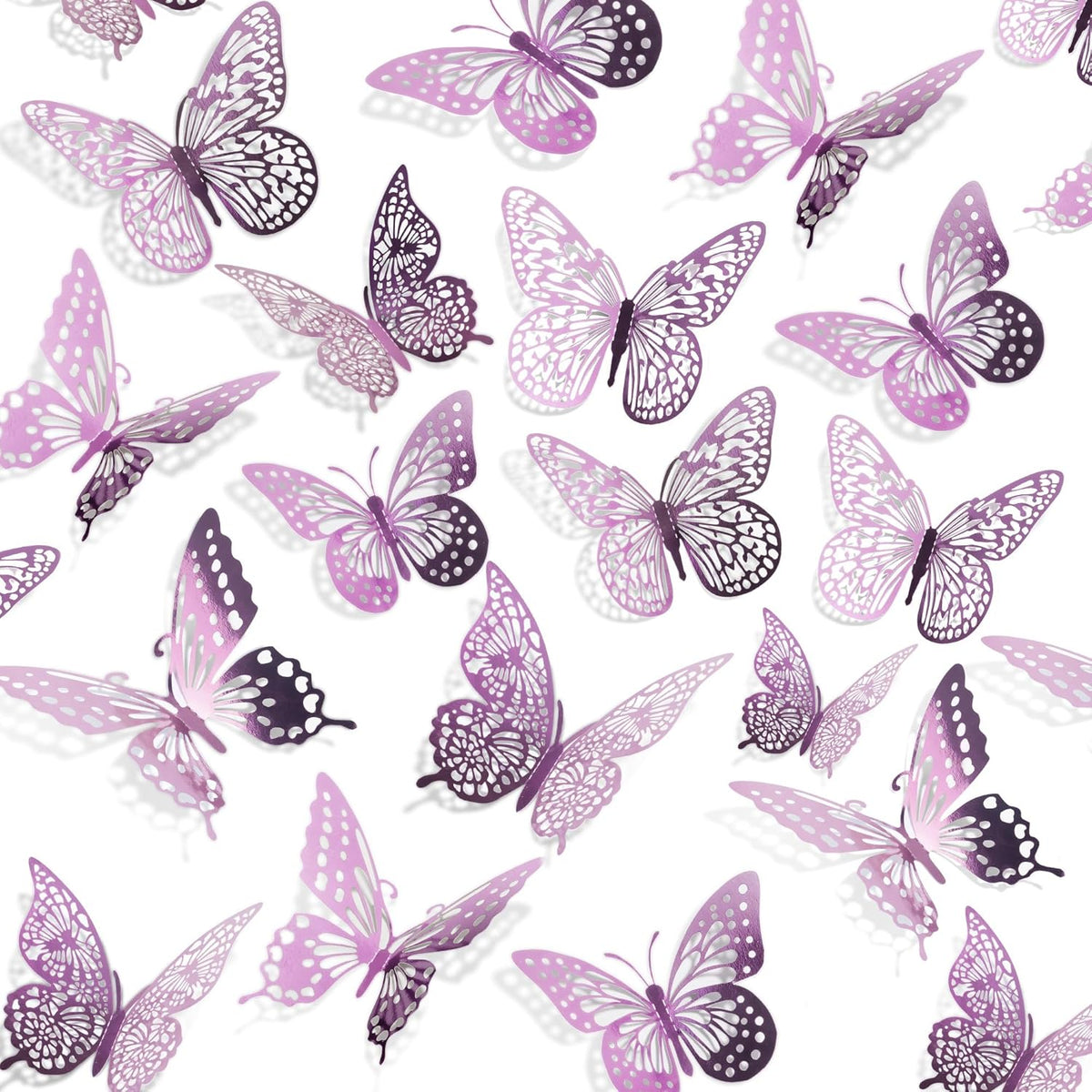 SAOROPEB 3D Butterfly Wall Decor - 48 Pcs, 4 Styles, 3 Sizes, Removable Stickers for Birthday & Party Decorations (Lavender)