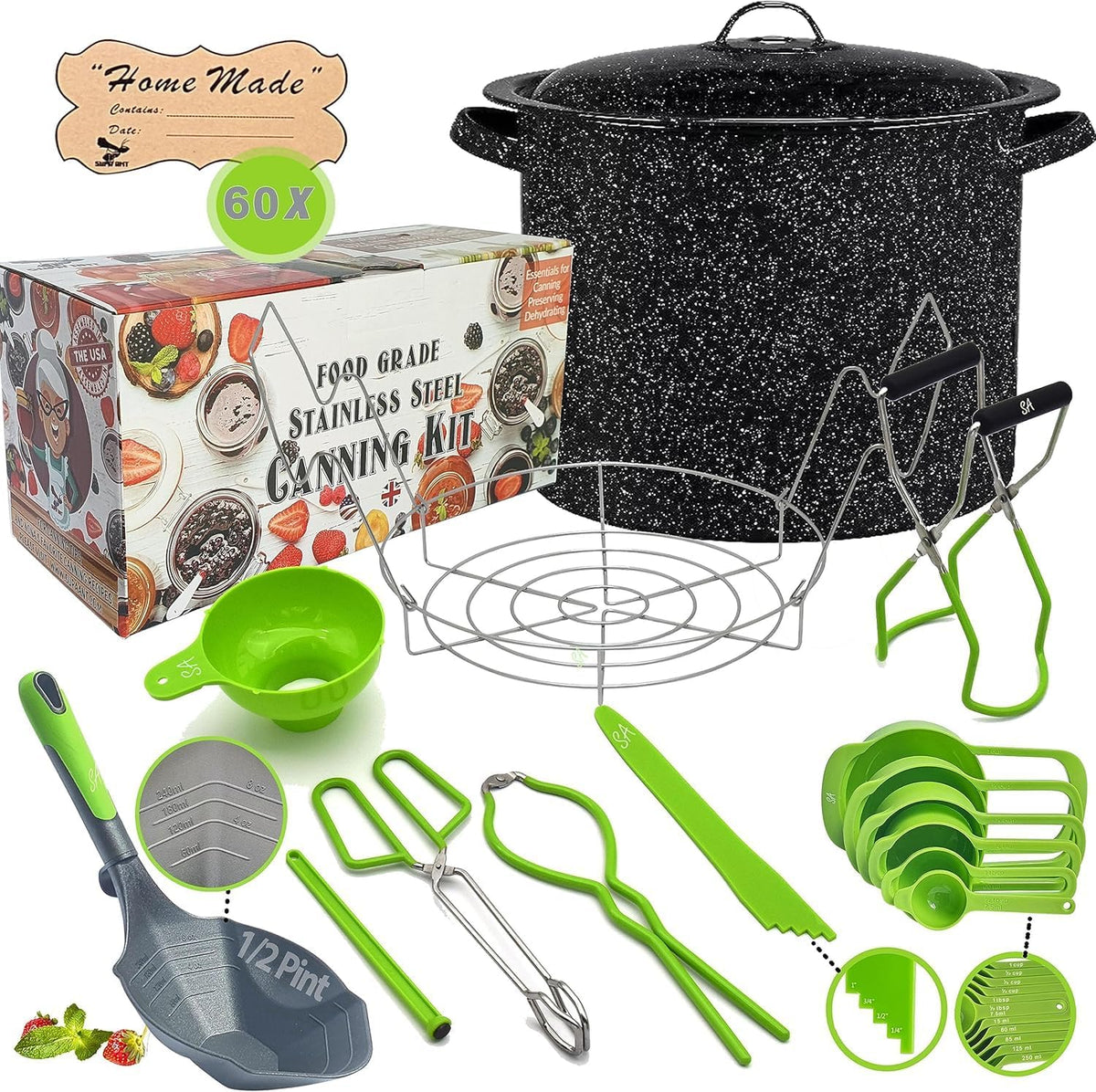Supa Ant Canning Supplies - Water Bath Canning Pot with Rack & Lid - Starter Kits Set for Beginners - Stainless Steel Water Bath Canner Kit & Rack - Rack, XL Ladle, Measuring Cups, Kitchen Funnel