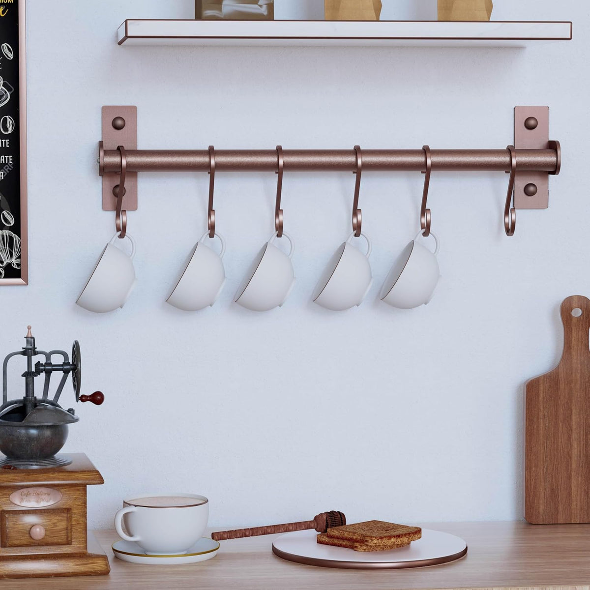 Dseap Kitchen Utensil Holder Hanger, Pot and Pan Rack Wall Mounted, Kitchen Rail with 8 Hooks for Hanging Cooking Utensils, Mugs, Spoons, Wall Mounted, Antique Copper