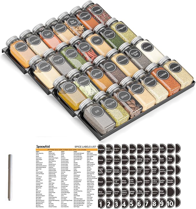 SpaceAid Spice Drawer Organizer with 28 Spice Jars, 386 Spice Labels, 4 Tier Seasoning Rack Tray Insert for Kitchen Drawers, 13" Wide x 17.5" Deep
