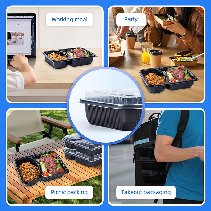 YANGRUI Takeout Containers with Lid 40 Pack 41 oz - Shrink Wrap 2 Compartment Leakproof | Reusable BPA Free Flexible Pure PP Plastic Food Container | Microwave & Dishwasher Safe Restaurant Lunch Boxes