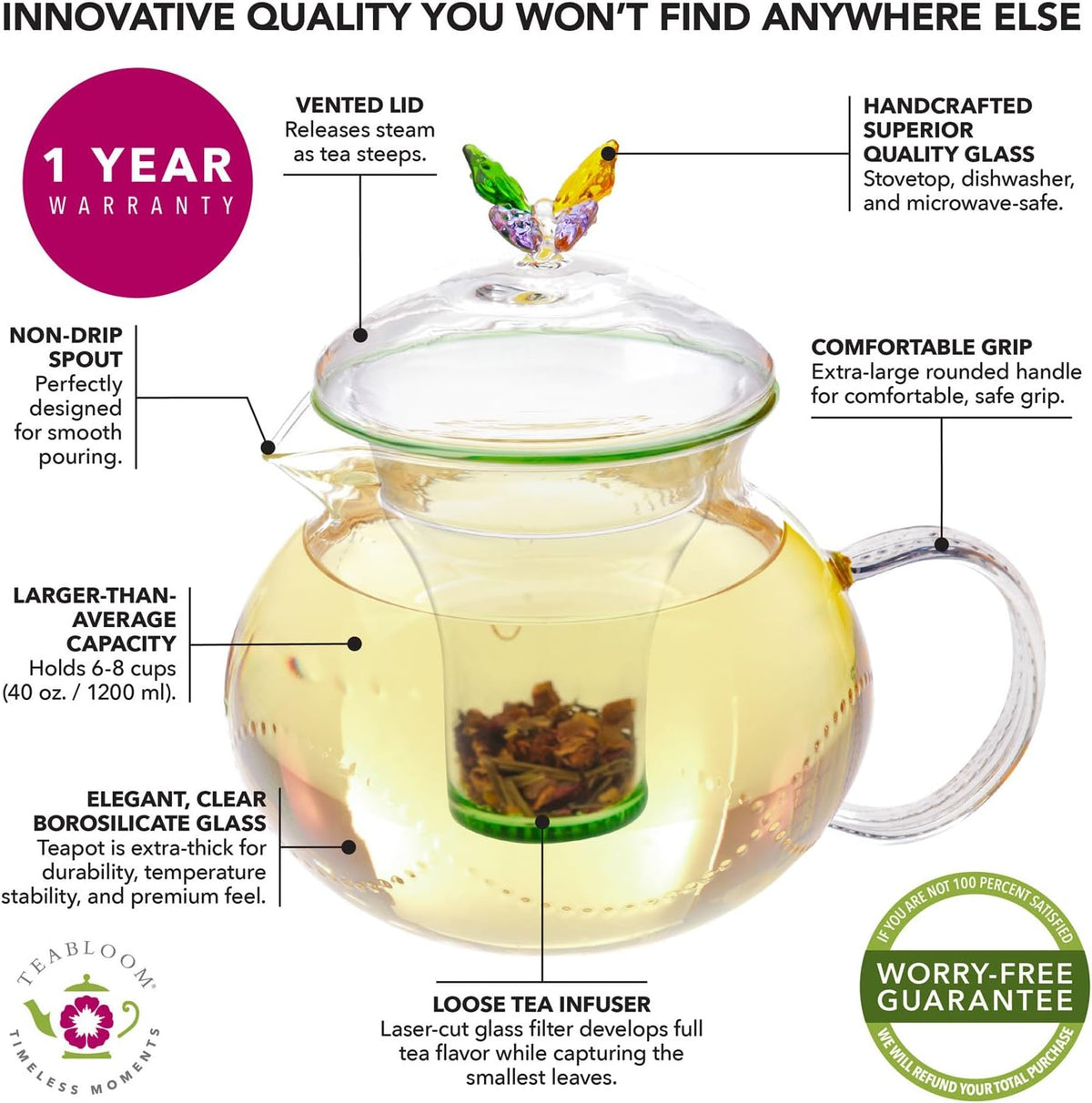 Teabloom Wings of Love Teapot - 40 oz. Borosilicate Glass Butterfly Teapot, Loose Leaf Tea Glass Infuser - 2 Free Blooming Tea Flowers included