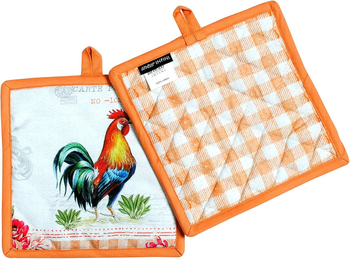 AMOUR INFINI Pot Holders Easter Decor Heat Resistant Cotton Set of 2 Nonslip 8"x8" Inch Hot Pads for Kitchen, BBQ, Baking & Cooking with Hanging Loops (Farm Rooster)