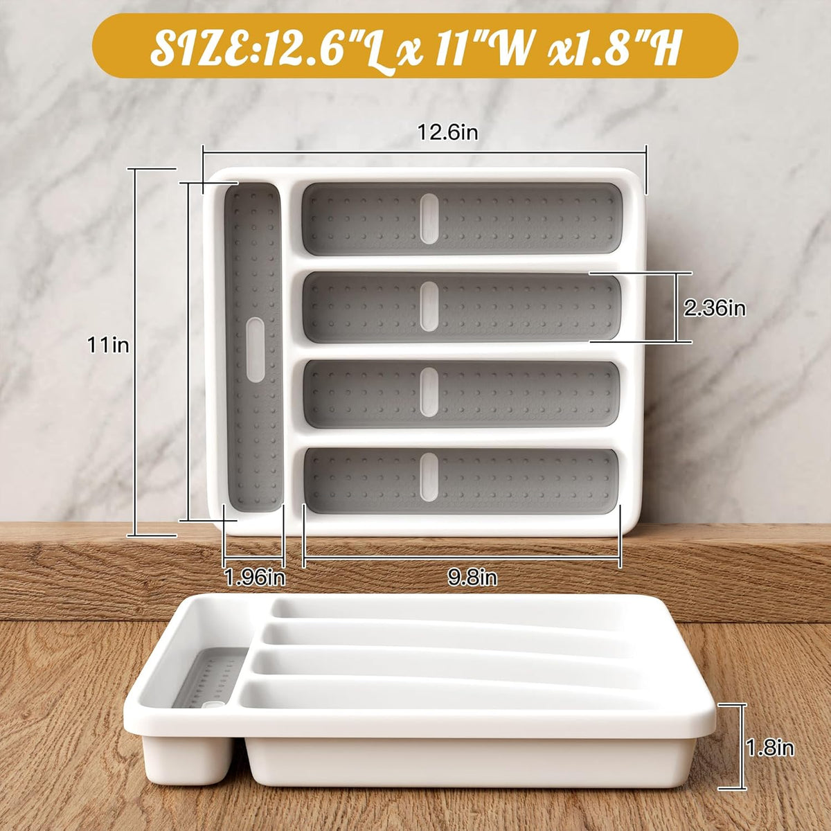 5-Slot Utensil Drawer Organizer for Silverware & Cutlery | Large Plastic Utensil Holder with Non-Slip Design, Silverware Drawer Organizer, BPA-Free (White)