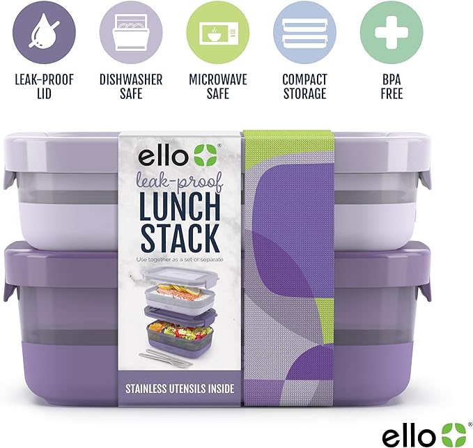 Ello 2-Pack Lunch Stack Plastic Food Storage Container Bento Box with Airtight, Leak-Proof Locking Plastic Lids and Silicone Base, BPA-Free, Freezer, Microwave, and Dishwasher Safe