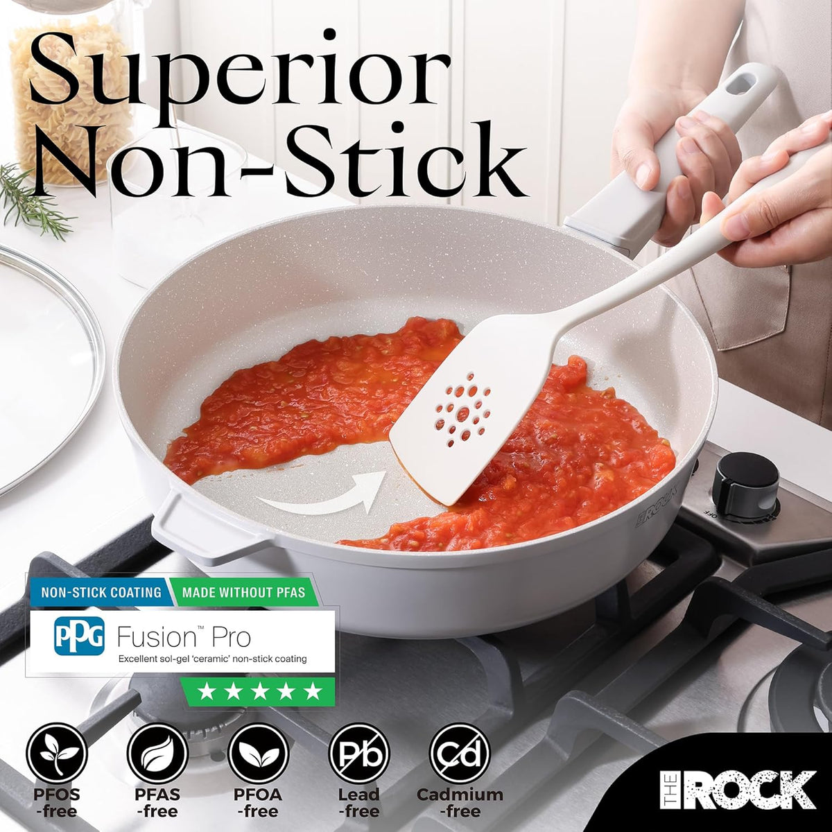 THE ROCK SOHO 4 Qt Nonstick Deep Frying Pan Skillet with Glass Lid, 11 Inch Large Deep Frying Pan, Ceramic Non Toxic Skillet with Heat-Resistant Handle, PFOA & PFAS Free, Oven & Dishwasher Safe, Cream