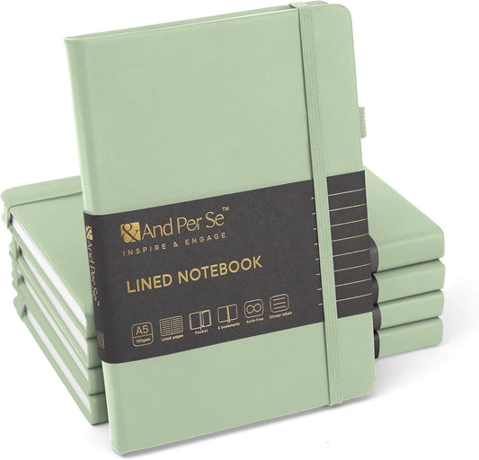 &And Per Se Lined Journal Notebook (5 Packs), 160 Pages, A5 5.7 x 8 inches College Ruled Thick Paper Notebook Journals for Writing, Hardcover Notebooks for Women Men Office School (Light Green)