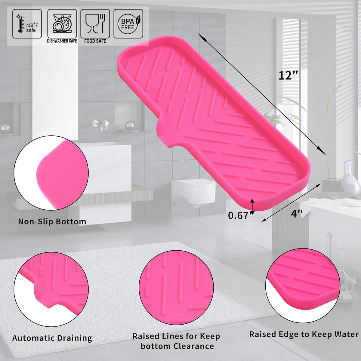 Silicone Bathroom Soap Dishes with Drain Spout-Bathroom and Kitchen Sink Organizer,Sponge Holder,Dish Soap Tray,Perfect for Dispenser,Scrubber,Bottle,Cup on Sink or Counter-Rose 12"×4"