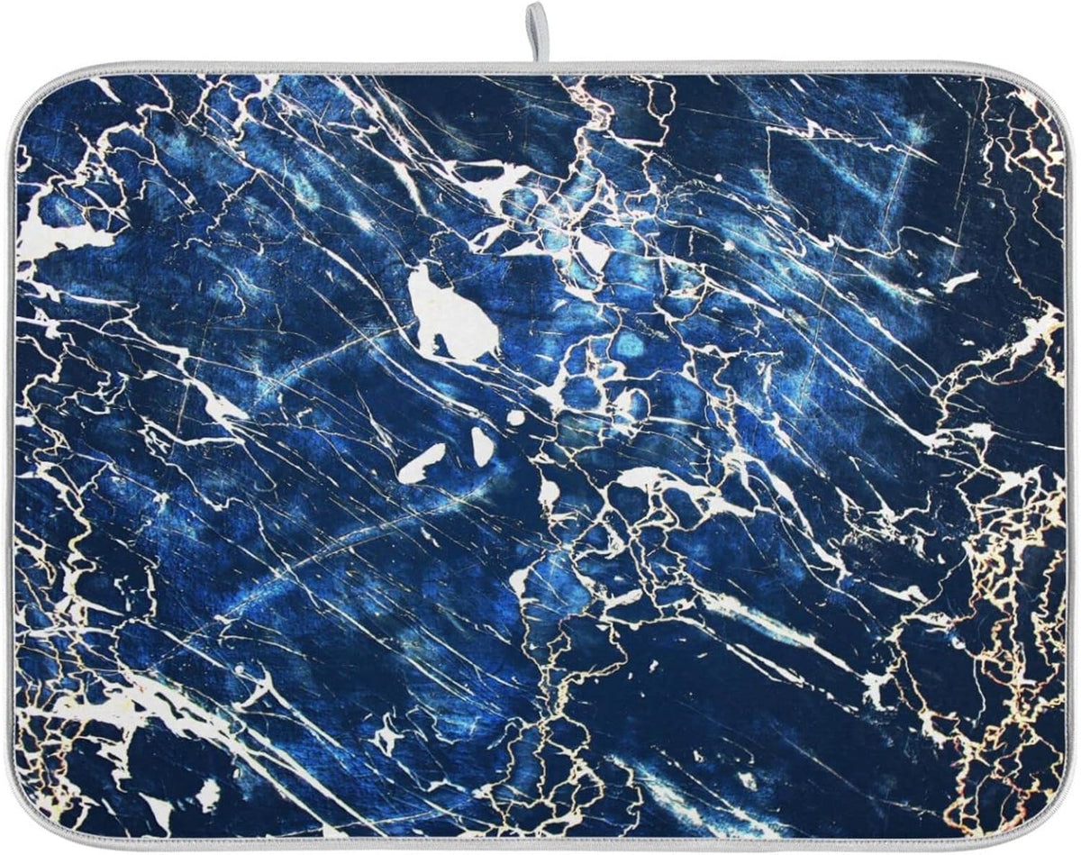 Super Absorbent Dish Drying Mat, Microfiber Fast-Drying Dish Mat, 24" x 18", Kitchen Dish Drying Pad, Marble Black Navy Blue