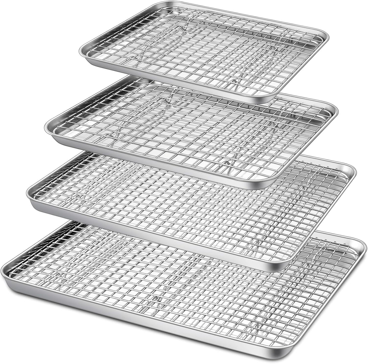 P&P CHEF 16 + 12.5 + 10.4 + 9 Inch Baking Sheet and Rack Set, Stainless Steel Cookie Sheets Oven Baking Pans Trays with Cooling Racks for Cooking & Roasting, Oven & Dishwasher Safe, (8Pcs)