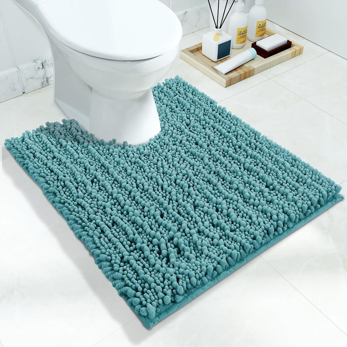 Yimobra Toilet Rug U Shaped Washable 24x20 Inch - Ultra Soft Absorbent Chenille Bath Rugs for Toilet, Quick Dry & Machine Washable, Non Slip Contour Bathroom Mat, Teal Blue