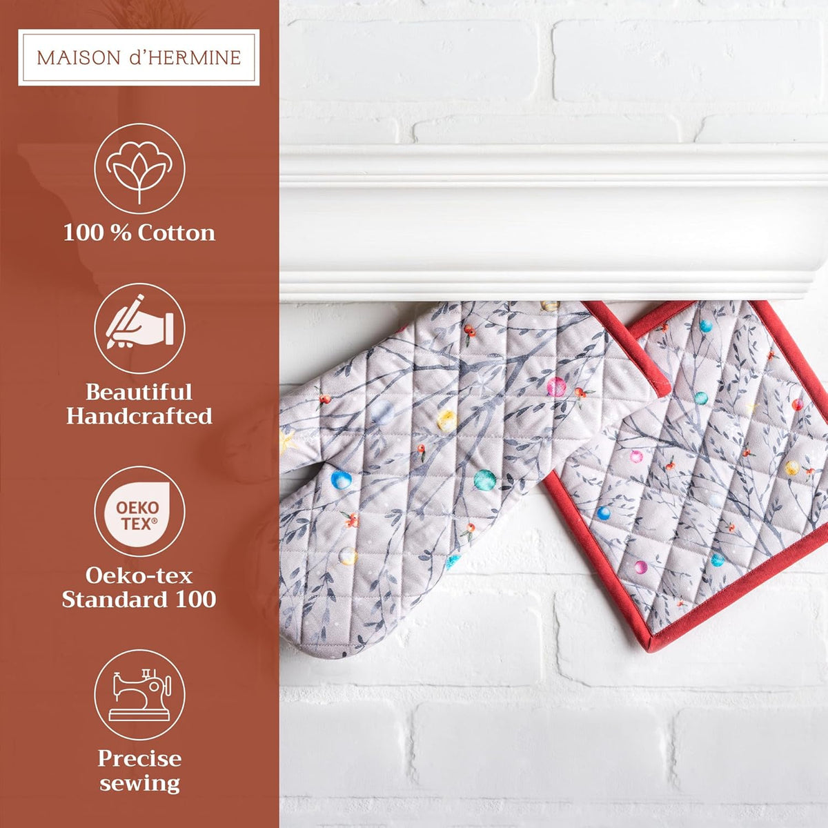 Maison d' Hermine 100% Cotton Oven Mitt & Pot Holder Set (7.5"x13" & 8"x8") Heat Resistant BBQ Cooking Gloves with Loop, Baking, Grilling, Kitchen, Handling Hot Pans (Fairy Christmas)