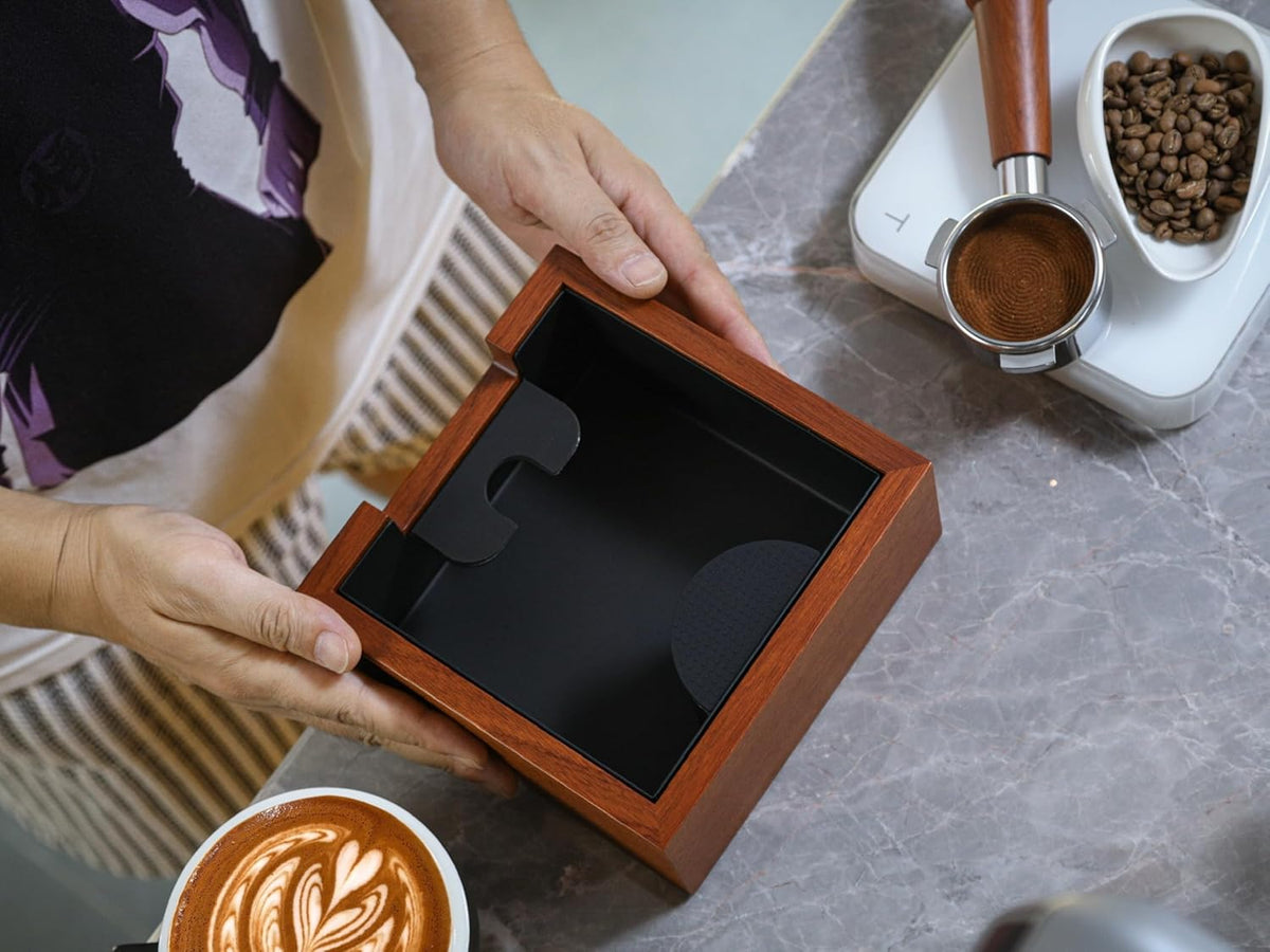 Rosewood Espresso Workstation – Wooden Tamping Station Organizer 54mm & Coffee Knock Box Kit | Barista Tool Holder & Coffee Puck Disposal Bin for Breville Machines