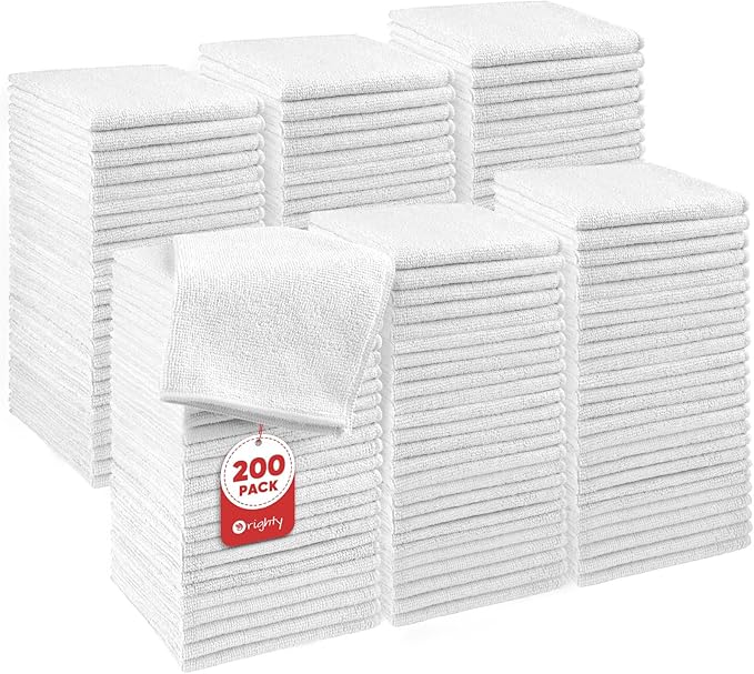 Orighty Wash Cloths Bulk Towels Set 200 Pack, Highly Absorbent and Soft Feel Microfiber Face Cloths, Multi-Purpose White Washcloths & Hand Towels for Bathroom, Hotel, Spa, and Gym, 12x12 Inch