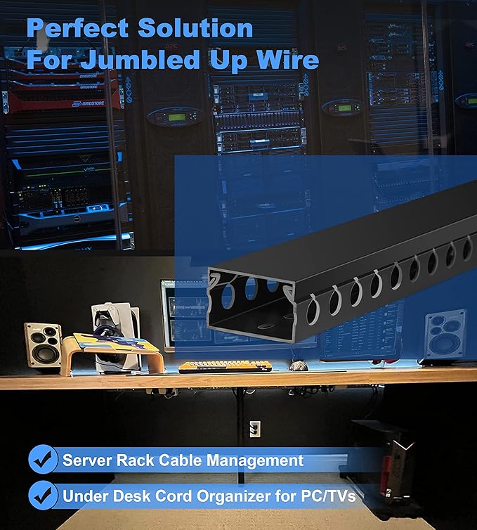 ZhiYo Cable Raceway 156in(4X L39in), Server Rack Cable Management Under Desk Cord Organizer, Electrical Safe PVC Cable Channel Open Slot Wire Raceway for Network/PC/TVs, Wire Duct H1 x W1.6in Black