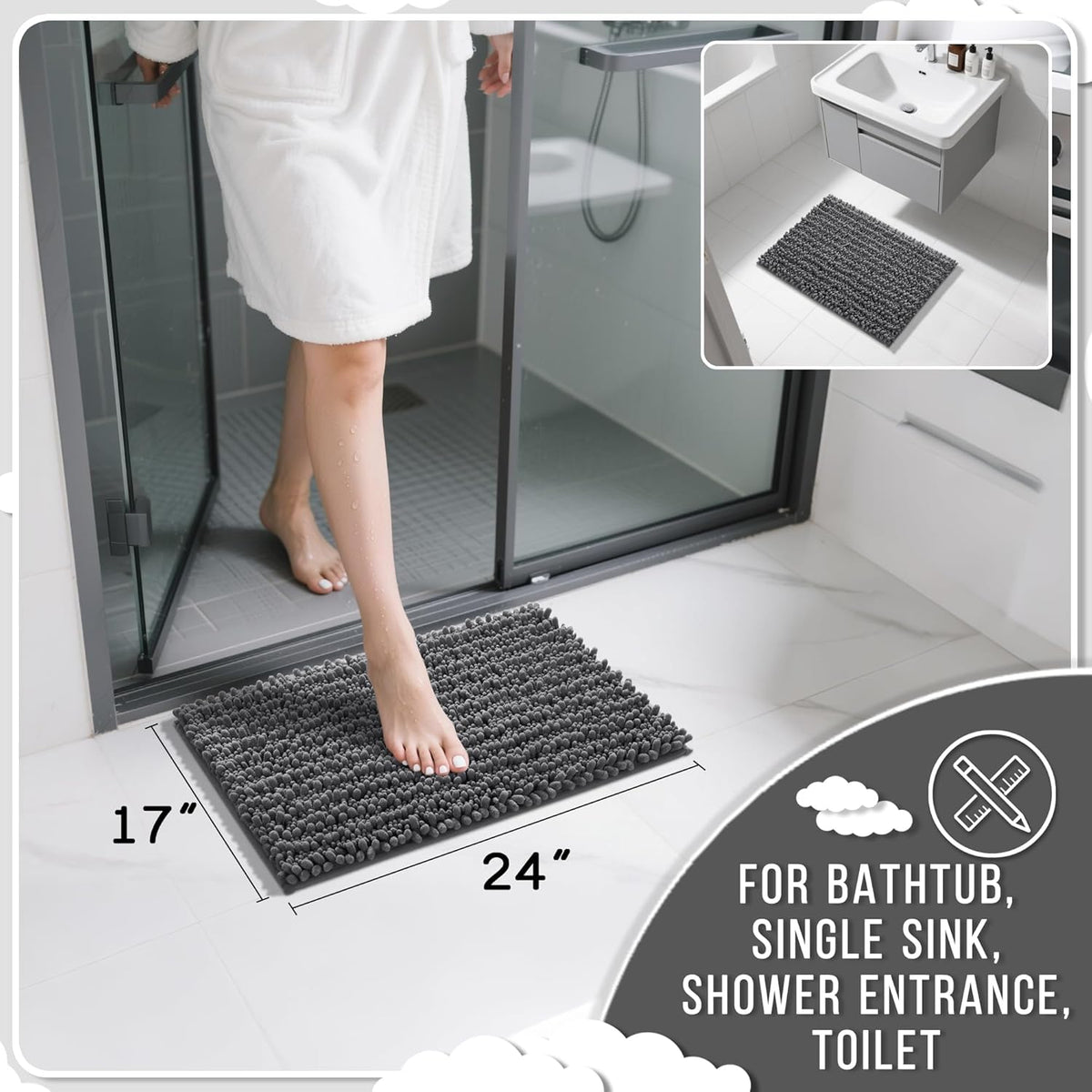 Yimobra Bathroom Rugs Non Slip Washable 24x17 Inch - Ultra Soft Absorbent Chenille Bath Mat, Quick Dry Shaggy Floor Carpet for Tub Shower, Dark Gray Home Decor Accessories