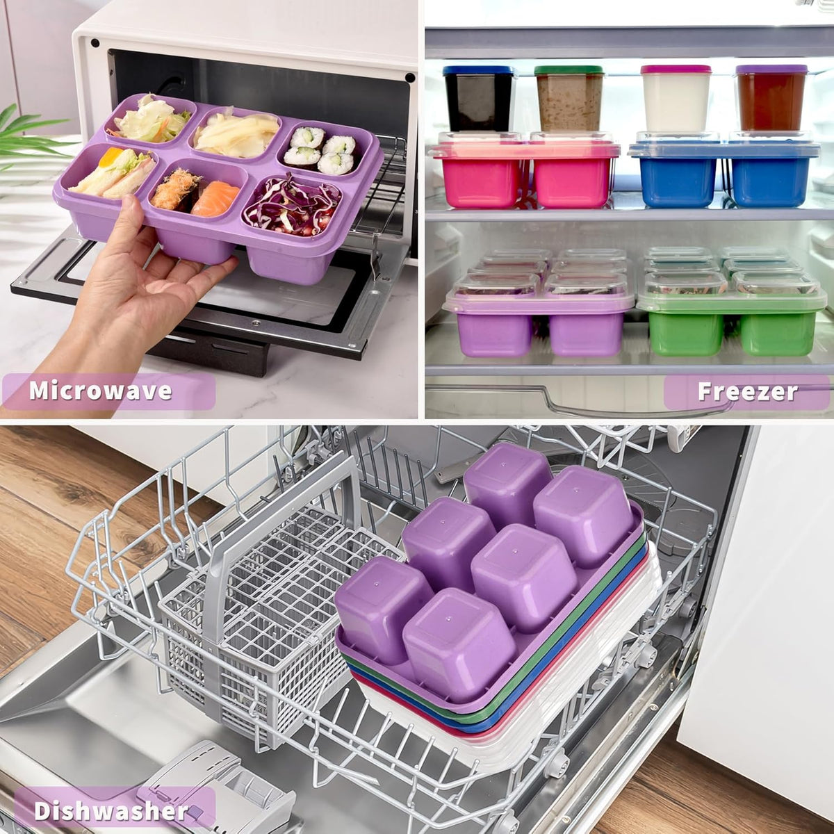4-Pack Leakproof Bento Box & Snack Containers for Kids & Adults | 6-Compartment with 4 Sauce Cups | Ideal for School, Office, Picnic & Travel (38oz/1100ml) (Pink/Blue/Purple/Green)