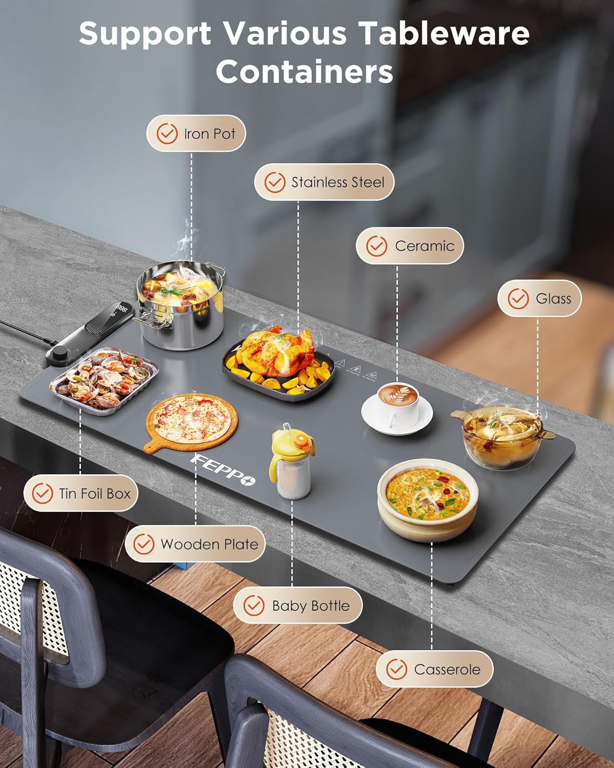 FEPPO Food Warming Mat, (XXL 35”x16”) Electric Warming Trays for Buffets Party, Fast Full-Surface Heating Mat for Food with 19 Level Adjustable Temperature and 6 Hours Timer, Roll Up Food Warmer