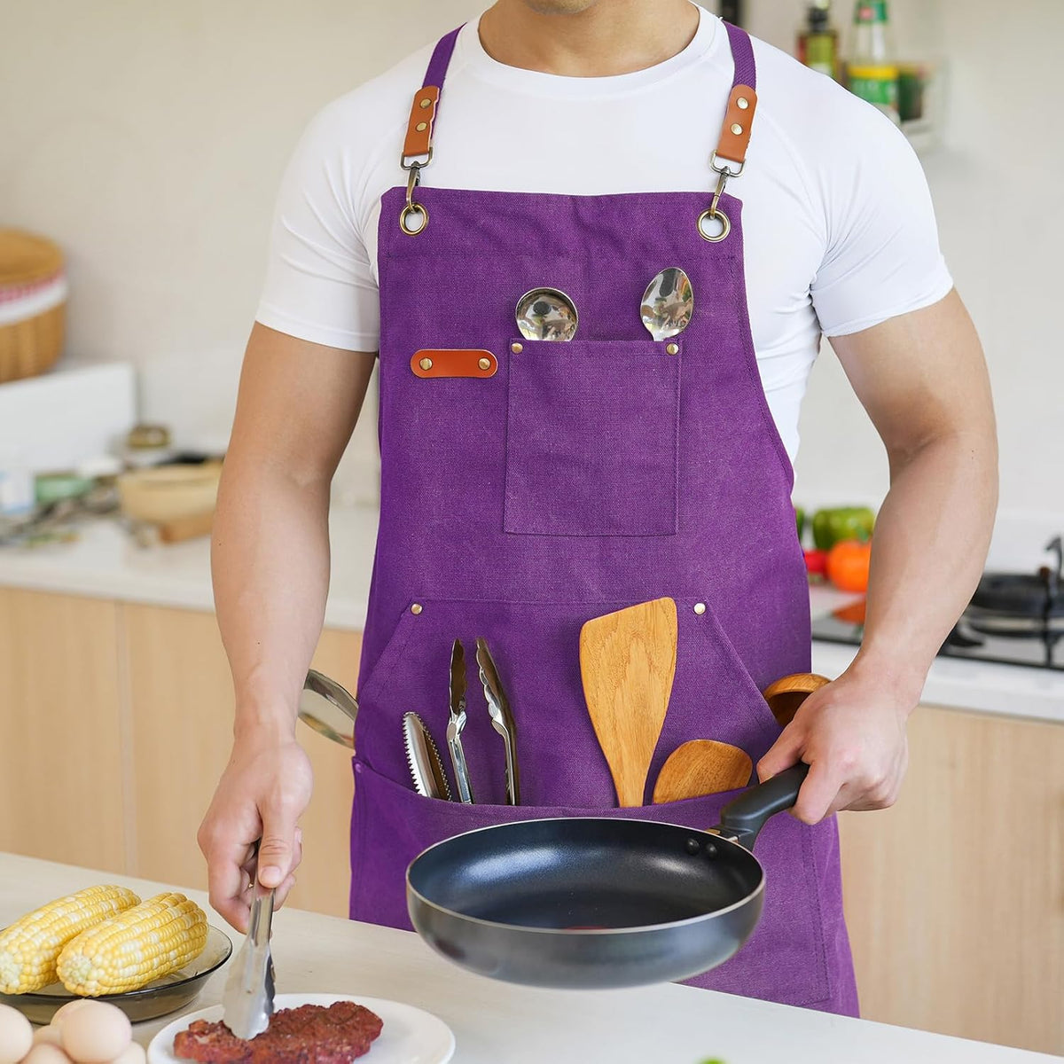 Canvas Aprons for Men Chef Apron, Work Apron with Large Pockets - 16oz Heavy Duty Cross Back, BBQ, Cooking