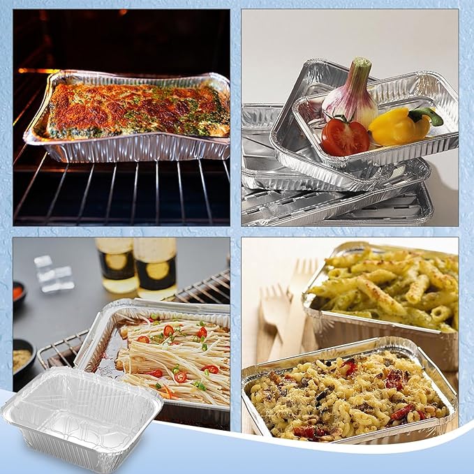 100 Pack 2 lb Rectangular Disposable Aluminum Foil Pan 32 oz Take Out Food Containers with Clear Plastic Dome Lids, for Catering, Baking, Roasting Food