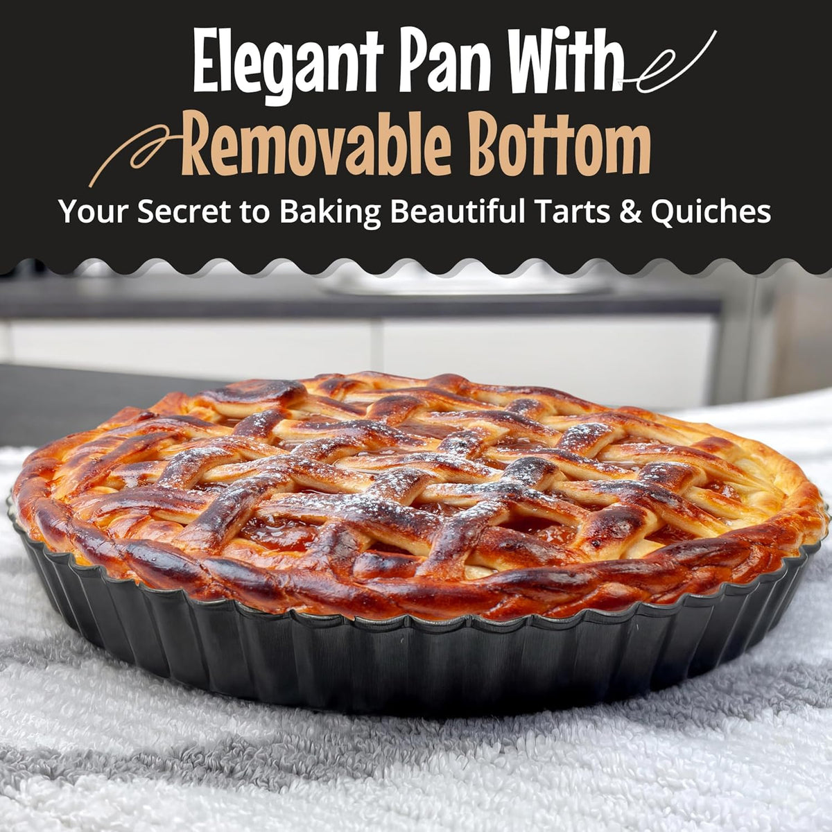 9 Inch Tart Pan with Removable Bottom – Non-Stick Deep Fluted Quiche and Pie Pan, Carbon Steel Loose Bottom Tart Pan, 9.5 Inch Top / 9 Inch Base, 1.1 Inch Deep Baking Pan