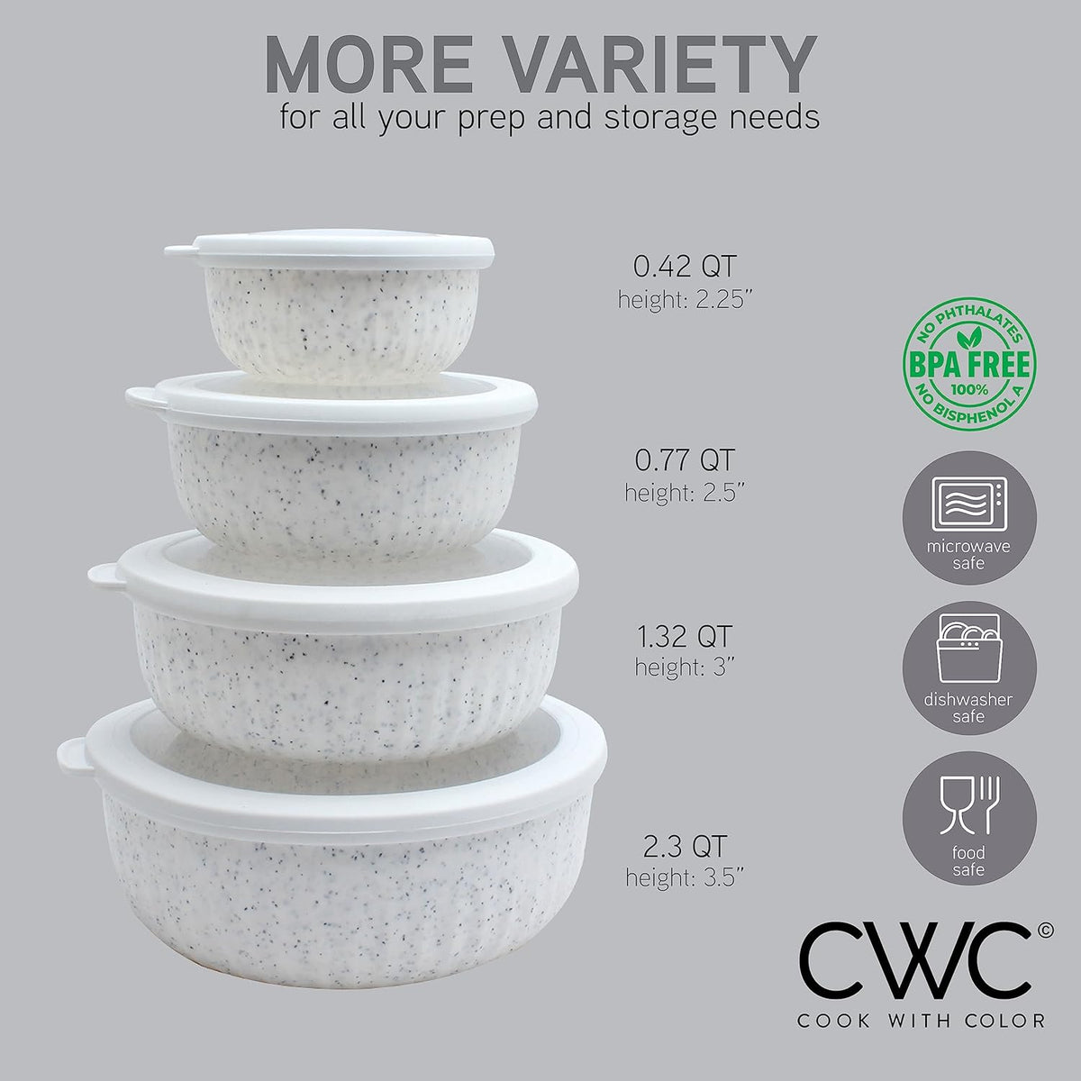 COOK WITH COLOR Prep Bowls with Lids- Wide and Deep Nesting Plastic Small Mixing Bowl Set with Lids, 8 Piece Set - Wide Bowls, Speckled White