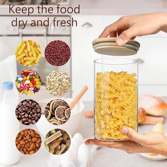 1.5 Qt Round Glass Storage Containers with Lids, Clear Food Storage Container Jar with Sealing Bamboo Lid for Noodles Flour Cereal Rice Sugar Tea Coffee Beans, Round Set of 3