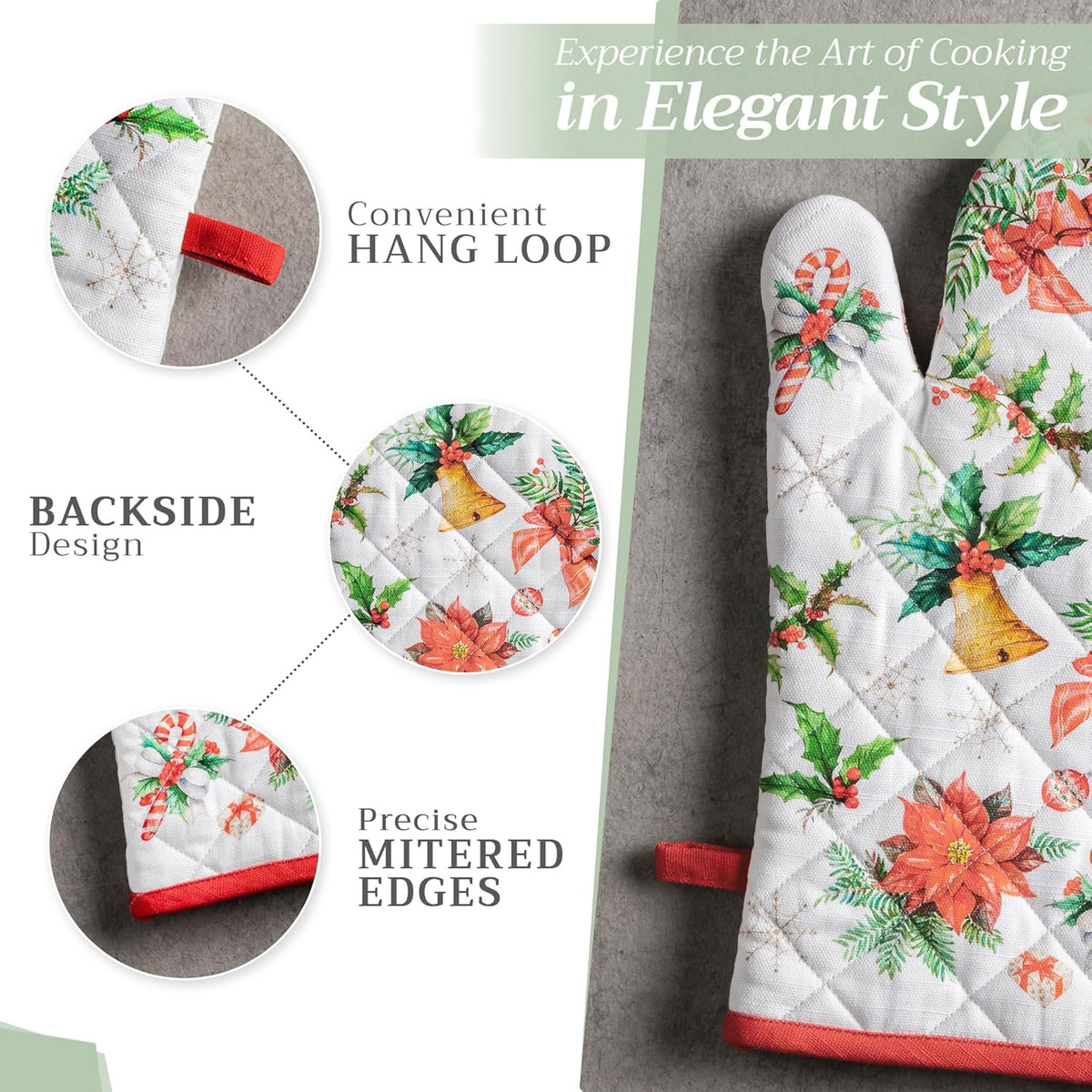 Maison d' Hermine 100% Cotton Oven Mitt & Pot Holder Set (7.5"x13" & 8"x8") Heat Resistant BBQ Cooking Gloves with Loop, Baking, Grilling, Kitchen, Handling Hot Pans (Chromo)