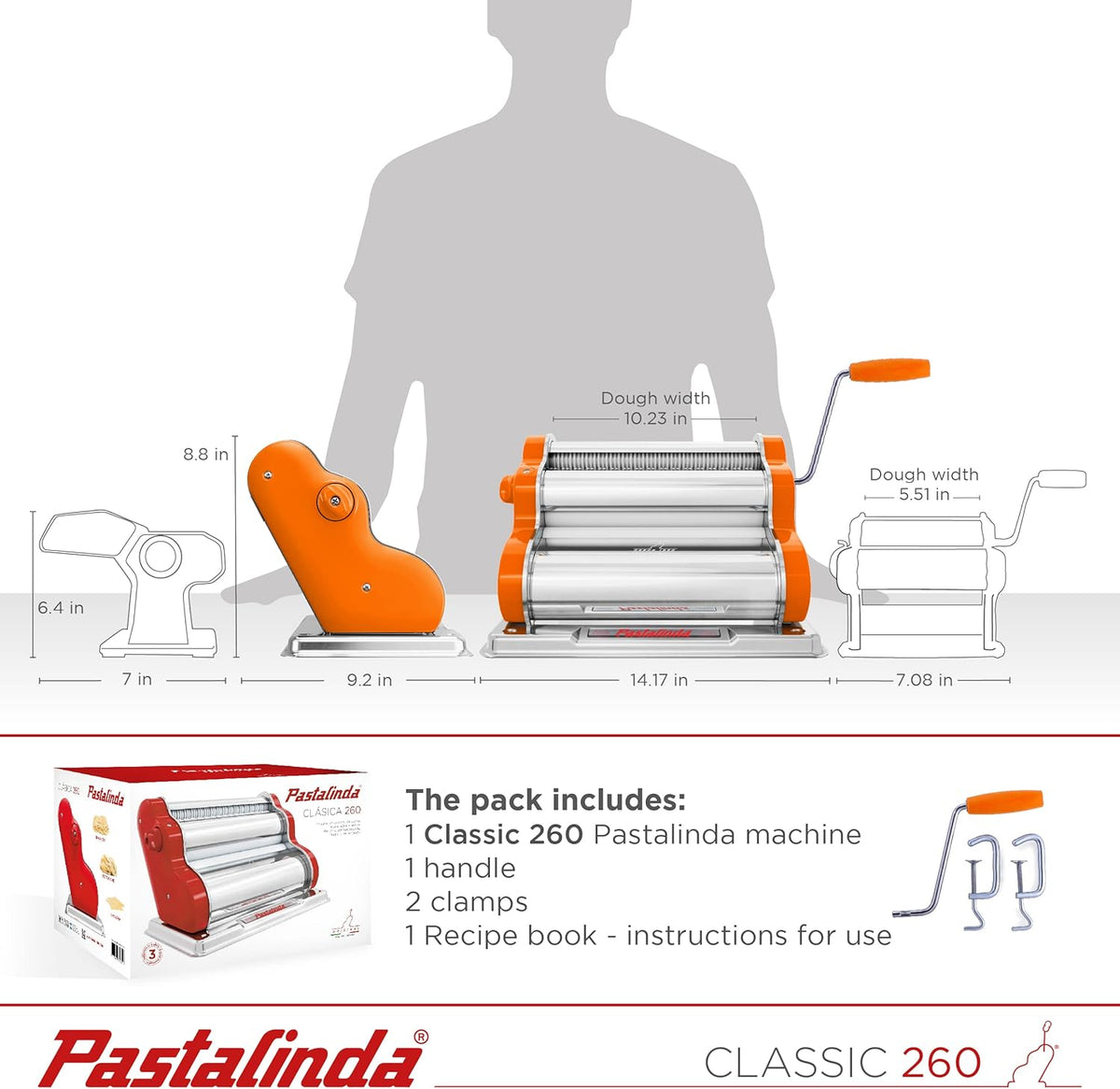 PASTALINDA Classic 260 Pasta Maker Machine, 26 cm Wide Rollers, 9 Thickness Positions, 2 Cutting Positions, Stainless Steel. Includes Reinforced Hand Crank And Two Clamps (Orange)
