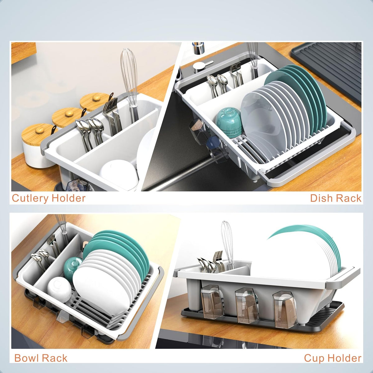 Dish drying rack expandable over the sink, in the sink and for cabinet and kitchen counter; Dish drainer rust proof, Large kitchen organizer with drainboard, two cutlery holders and 6 cup holders.