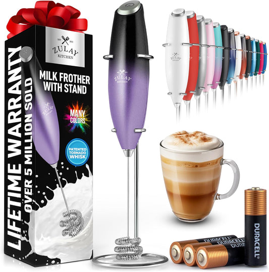 Zulay Kitchen Patented Tornado Triple Whisk Milk Frother with 4 Duracell Batteries – Handheld Foam Maker for Coffee, Lattes, Matcha & Hot Chocolate – Rich, Creamy Froth in Seconds