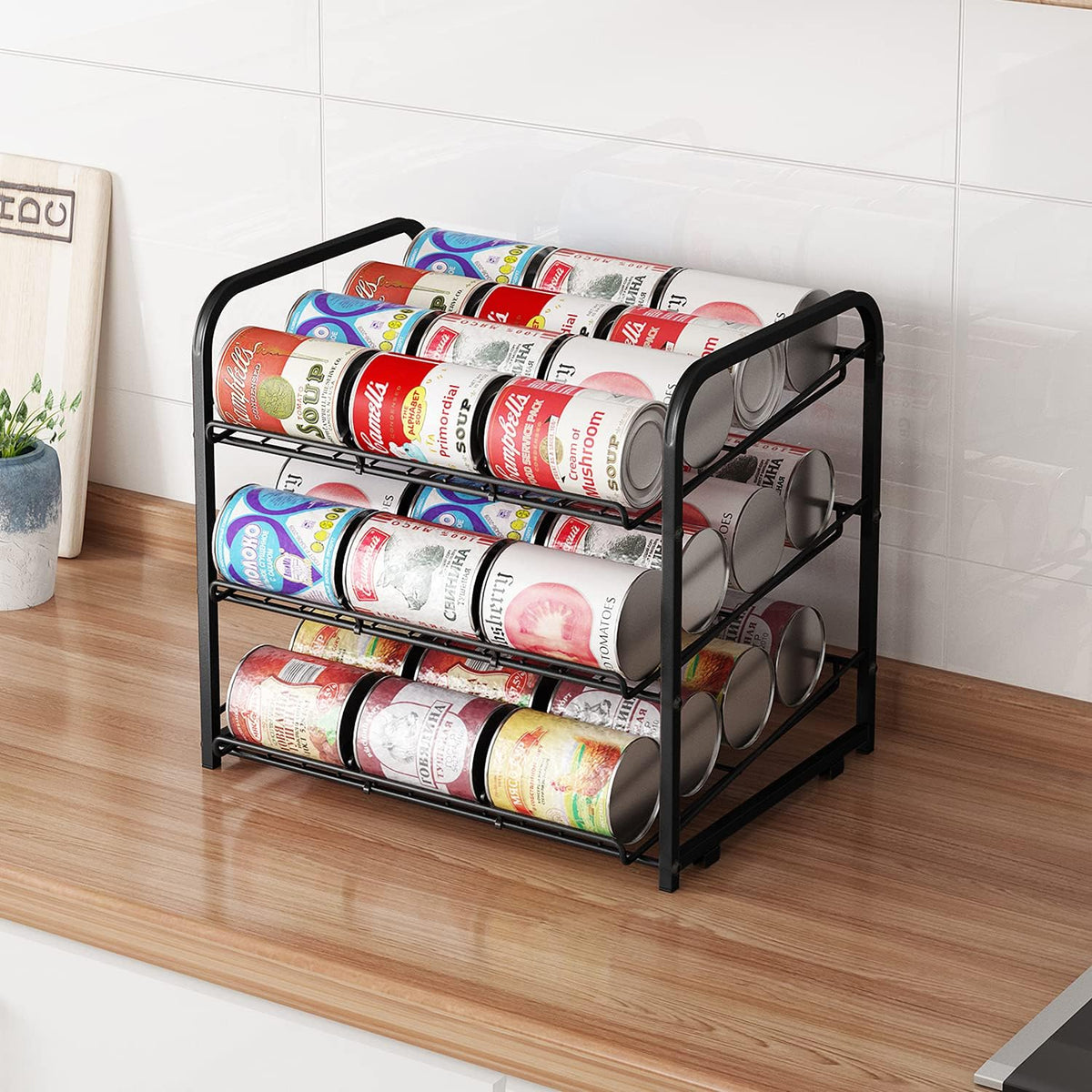 AIYAKA Can Rack Organizer, 3 Tier Stackable Can Storage Dispenser–12.2" D x 16.6" W x 14.5" H,for Food Storage, Kitchen or Pantry, Storage for 36 Cans, Black