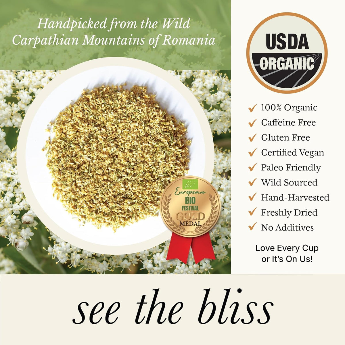 Wild Bliss Organic Elderflower Tea – Immune and Respiratory Support - Caffeine Free Loose Leaf Elder Flowers - 2.11 Ounces - 24 Servings