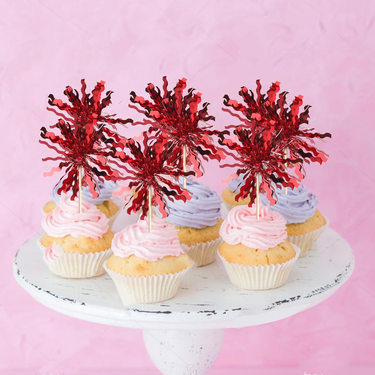 30 PCS Foil Firework Cupcake Toppers Sparkle Tinsel Cupcake Picks Happy Birthday Cake Toppers Drink Stirrers Cocktail Food Fruit Toothpicks for Baby Shower Birthday Party Decorations Supplies Red
