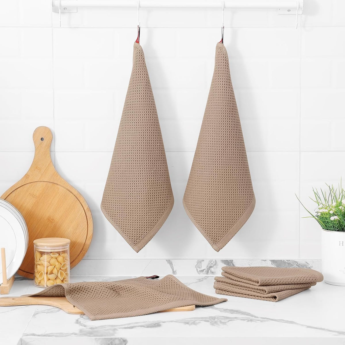 Kitinjoy 100% Cotton Kitchen Dish Cloths, 6 Pack Waffle Weave Ultra Soft Absorbent Dish Towels for Drying Dishes Quick Drying Kitchen Towels Dish Rags, 12 X 12 Inches, Tan
