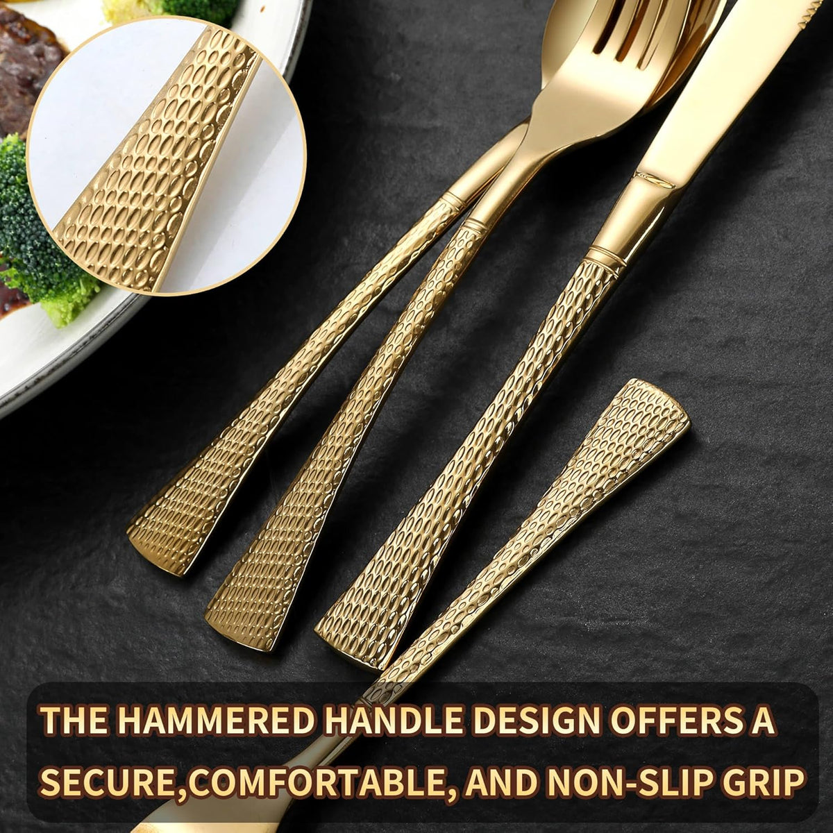 Hammered Gold Silverware Set for 8,Stainless Steel 40-Piece Modern Cutlery Set,Mirror Polished Heavy Duty Flatware Set Utensil Set,Knives Spoons and Forks Set,Dishwasher Safe