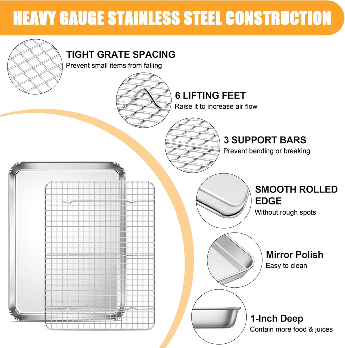 E-far Baking Sheet with Wire Rack Set, 17.6” x 13” Stainless Steel Cookie Sheet Baking Pan for Oven, Rimmed Large Metal Tray with Cooling Rack for Cooking Roasting, Non-Toxic & Dishwasher Safe
