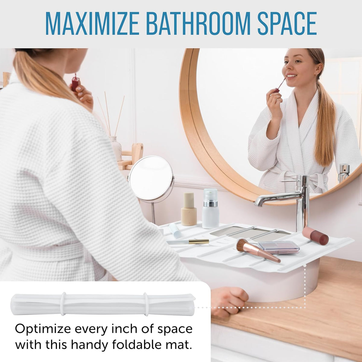 Maplefield Travel Size Bathroom Sink Cover for Counter Space - Foldable Silicone Sink Mat for Beauty Routine, Ideal for Small Bathroom, RVs, Camper Vans (White Small, 19.5 x 15.5 x 1.6 Inches)