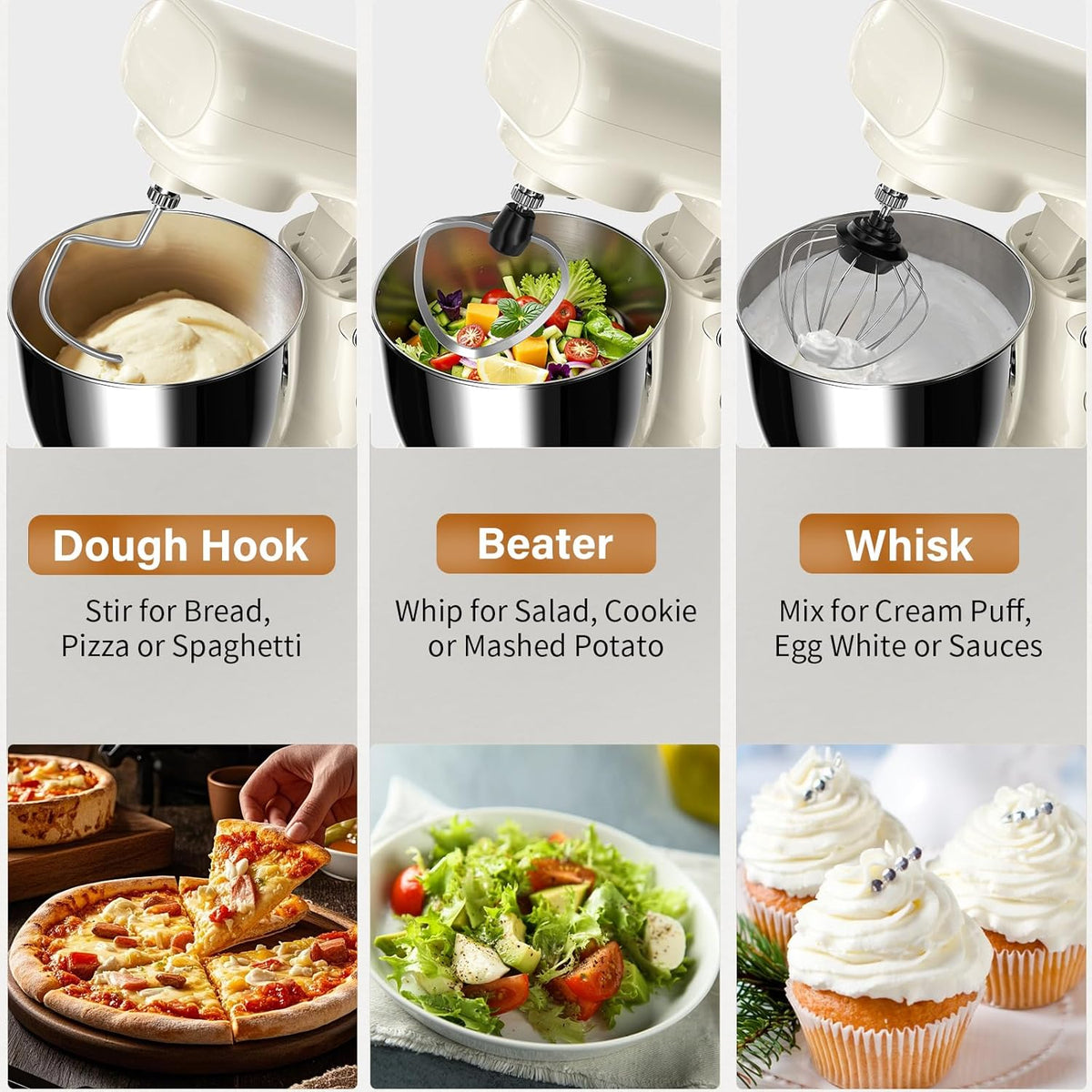 Stand Mixer with 3QT+3.5QT Dual Bowls, 10-Speed Electric 300W Food Mixer - Includes Egg Whisk, Dough Hook & Flat Beater for Home Baking & Daily Cooking (White)