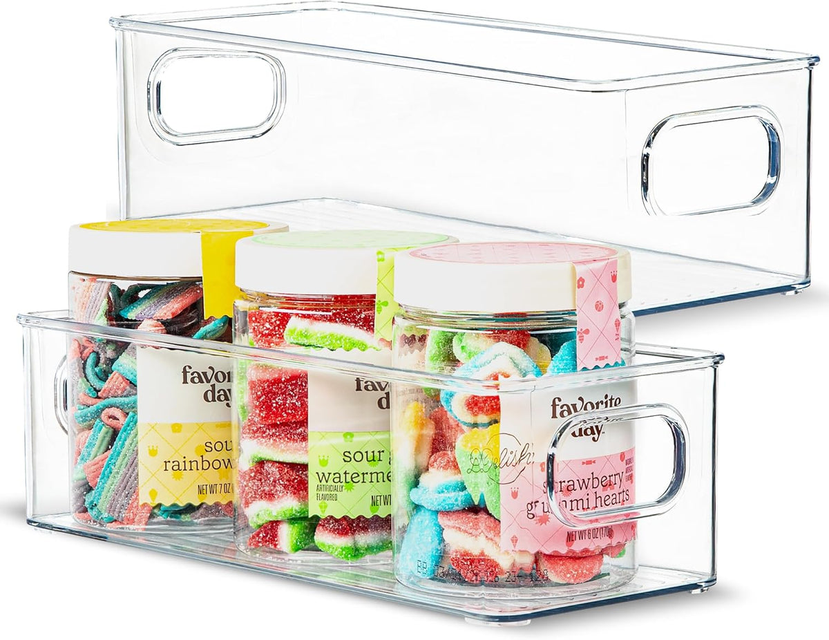 Plastic Food Storage Clear Container 2 Pack Bin with Handles for Organizing Kitchen, Pantry, Refrigerator, Freezer, Pantry, Cabinet, Closet, Bathroom. Stackable 10”x4”x3”