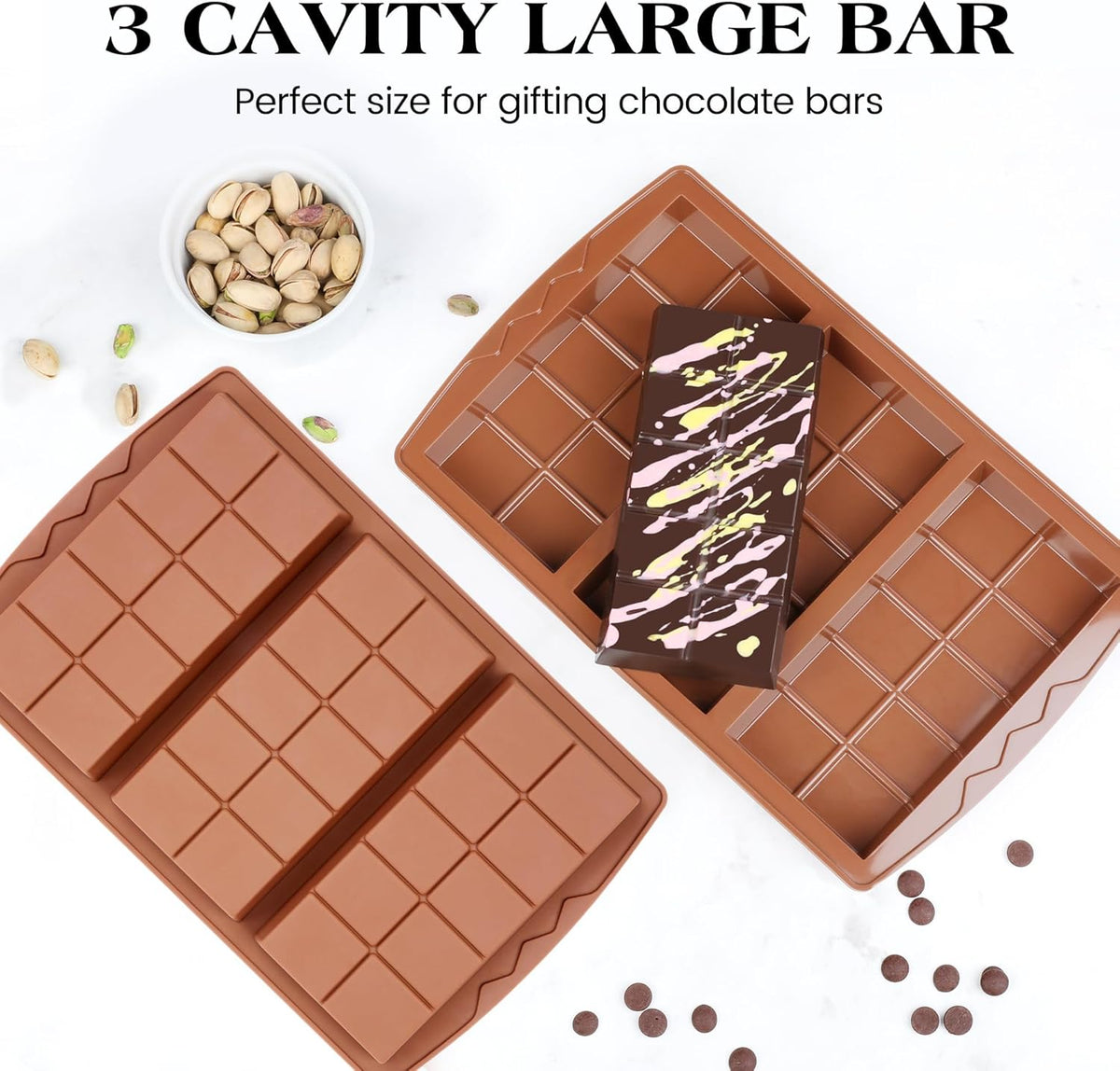 2 Pcs Dubai Chocolate Bar Mold Deep Stuffed Silicone Molds for Filling Knafeh Pistachio Chocolate Bar Large Thick Candy Bar Molds Break Apart (10 Snap）