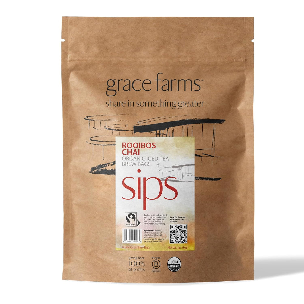 Grace Farms ROOIBOS CHAI ORGANIC ICED TEA (Twelve 1qt. Brew Bags, 3 Gallons) | Refreshing and Spiced, Naturally Sweet Sugar-Free | Easy Cold Brew