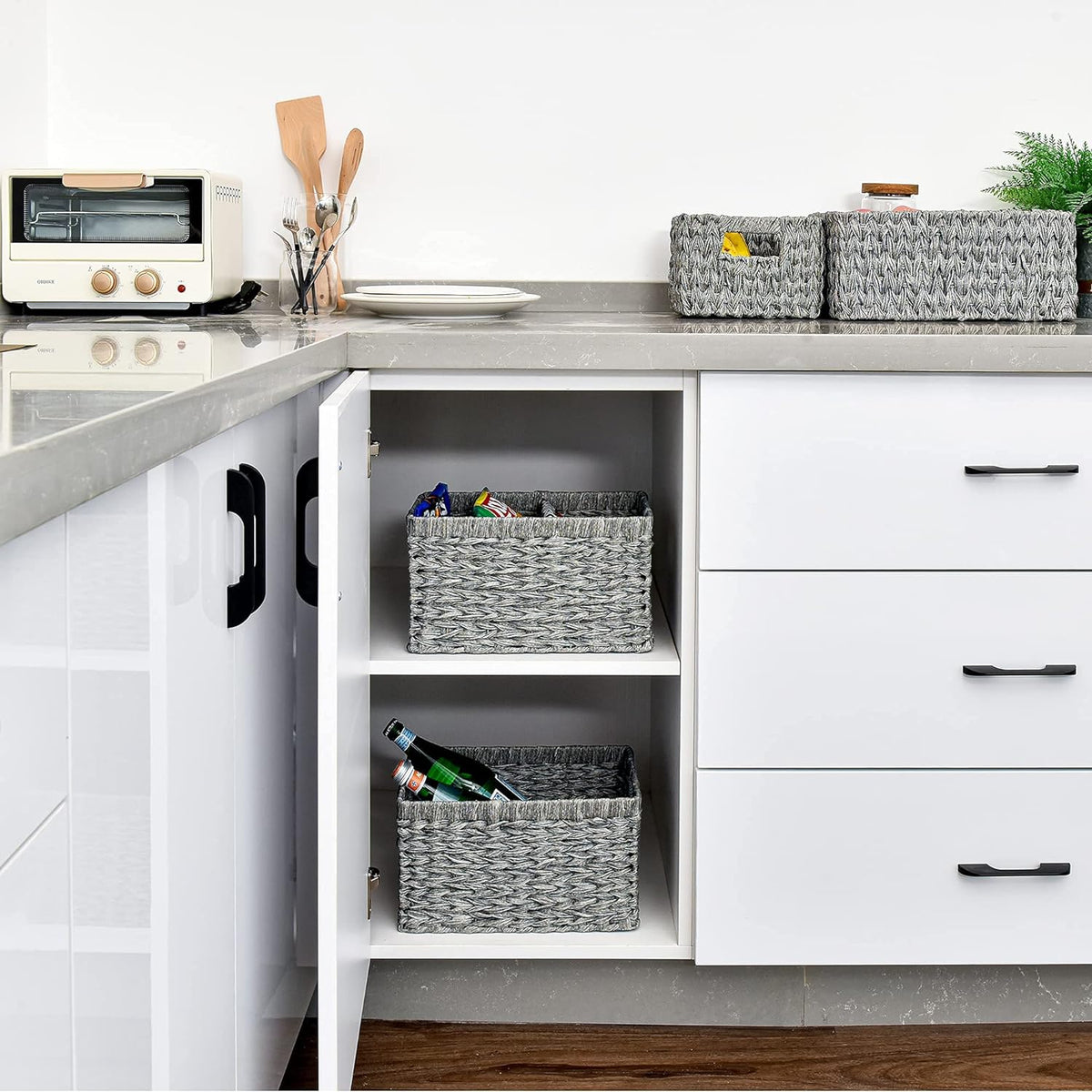 GRANNY SAYS Wicker Baskets with Handles - Gray Storage Baskets (2-Pack) for Organizing Cabinet, Coffee Table