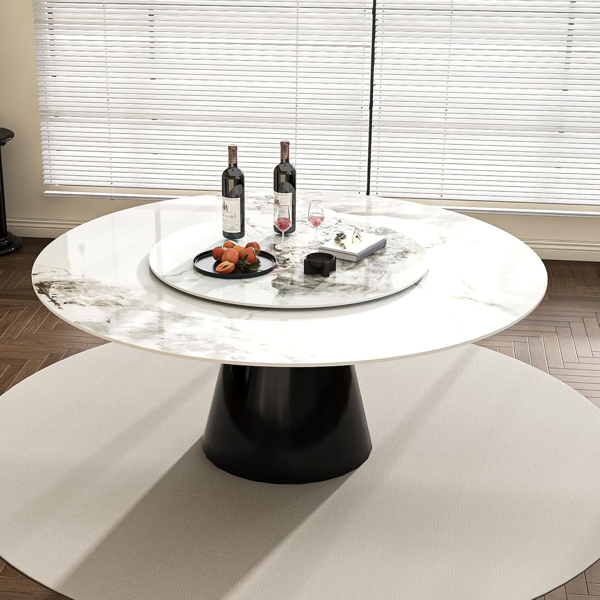 Montary 59" Modern Artificial Marble Round Dining Table with Black Stainless Steel Cone Base & 31.5" White Sintered Stone Turntable, Dining Room Table with Lazy Susan for 6-8 (Only Table)