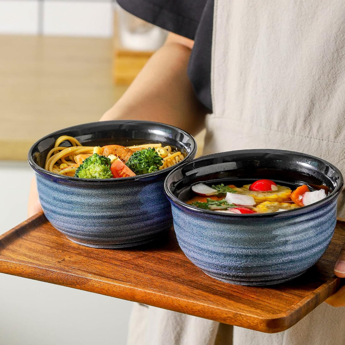 MEKY 20oz Soup Bowls, Stackable and Durable Ceramic Bowls for Kitchen, Elegant Perfect for Pasta, Cereal,Oatmeal, Rice, and Ice Cream, Microwave & Dishwasher Safe,Set of 6, Blue
