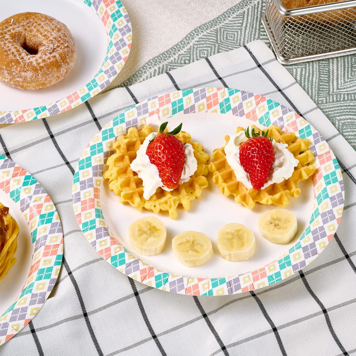 FOCUSLINE 360pack Paper Plates 8.375 Inch, Soak Proof Disposable Paper Plates for Everyday Use, 360 Count Plate with Color Checkered Design, Strong and Heavy Duty Round Plate